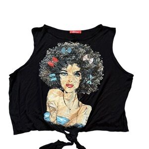 Rainbow Black Muscle Tee Crop with Tie Front